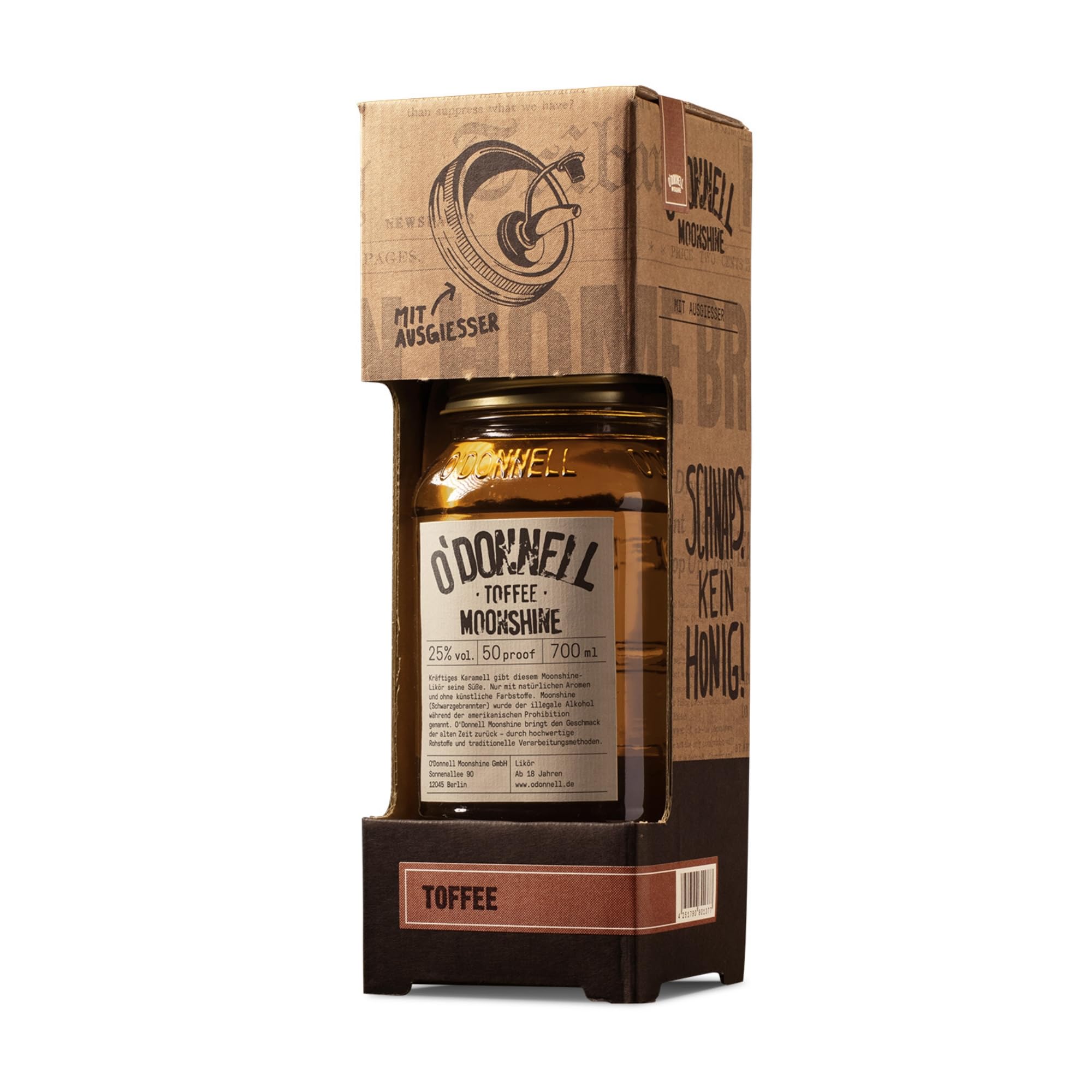 O'Donnell Moonshine Kombiset - Toffee Likör (700ml + Ausgießer) - Handwerklich hergestellte Spirituosen aus Berlin - Premium Schnaps nach Amerikanischer Tradition - 25% Vol. Alkohol