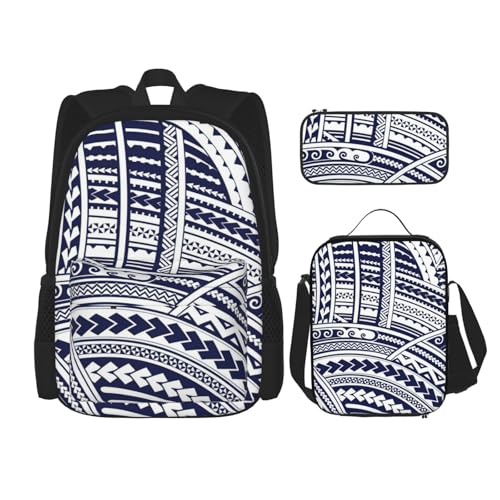 WURTON Blauer Polynesischer Maori-Tribal-Muster, Schulterrucksack, 3-in-1-Büchertaschen-Set, Lunchbox, Federmäppchen, Reise-Laptop-Tagesrucksäcke, Schwarz, Einheitsgröße