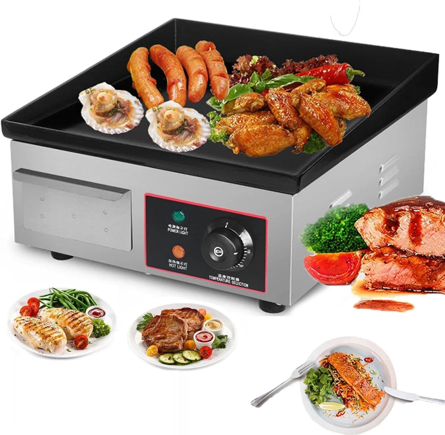 lwjunmm Grillplatte Bratplatte Grill Elektrisch 3000W aus Edelstahl (Grillfläche Glatt, Thermostat, Temperatur 50-300°C, Spritz & Wärmeschutz, Auffangbehälter, Anti Rutsch Gummifüße),B-110V