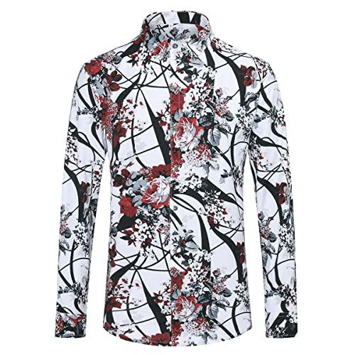 Allthemen Blumen Hemden Herren Bunte Hemden Langarmhemd Muster Freizeitshemd Langarm Casual Shirt Rot XL