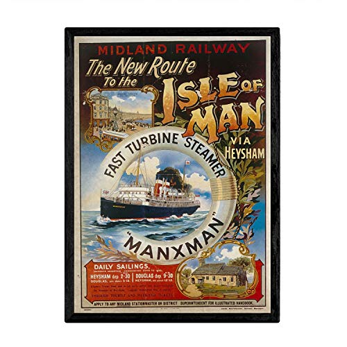 Nacnic Vintage Plakat der Insel des Mannes. Drucke, um Innenräume mit Vintage-Bildern und Alter Werbung zu dekorieren. Retro Dekorationsgemälde. A3 Größe mit Rahmen