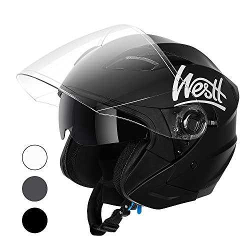 Westt Jet Motorradhelm Matt Schwarz Double Visor Helm - Roller - ECE Zertifiziert