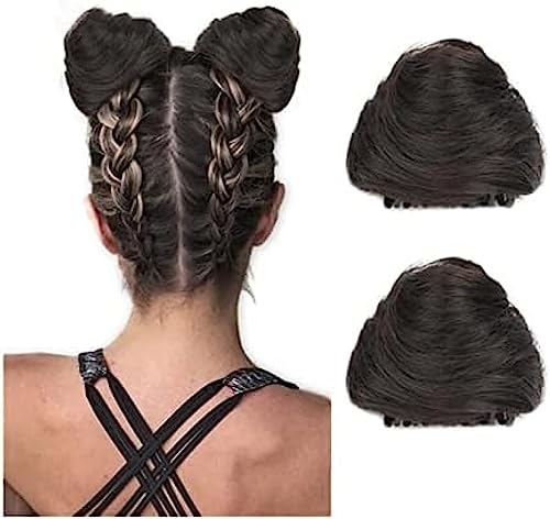 2er-Pack Katzenohren Donut-Dutt-Klauen-Clip auf unordentlichen Dutt-Perücke für Damen, synthetische Haarteile, Haarknoten, Haarverlängerungen für Frauen, Braun Schwarz