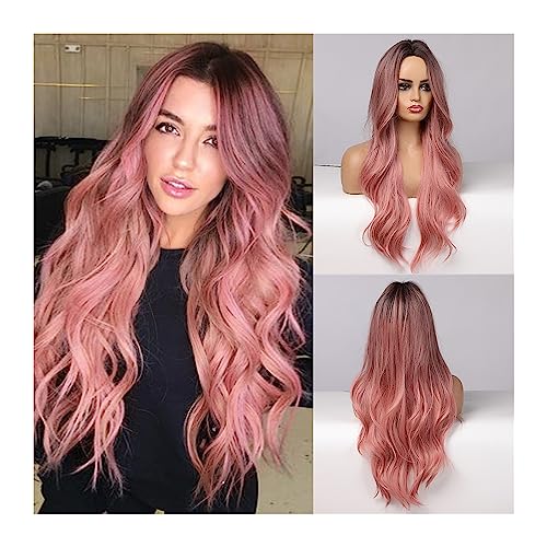 Perücken für Frauen Lange Ombre-Rosa-Synthetik-Perücken for Frauen, Mittelteil, gewellt, Cosplay-Perücken, Naturhaar-Perücke, hitzebeständig, rosa-rote Perücke für die Tägliche Party Cosplay Tragen