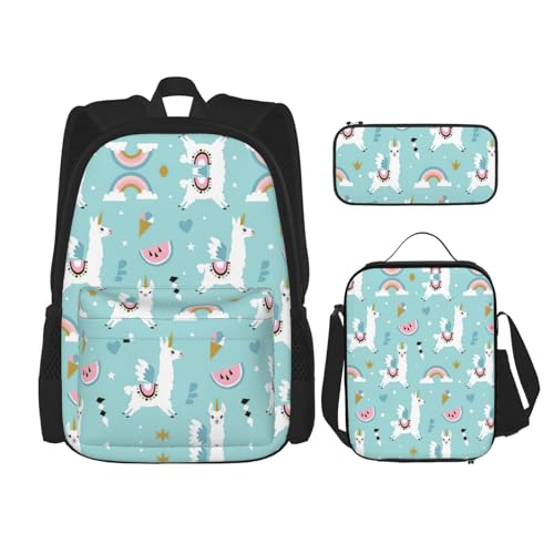 WURTON Niedlicher Schulter-Rucksack mit Lama-Druck, 3-in-1-Büchertaschen-Set, Lunchbox, Federmäppchen, Reise-Laptop-Tagesrucksäcke, Schwarz, Einheitsgröße