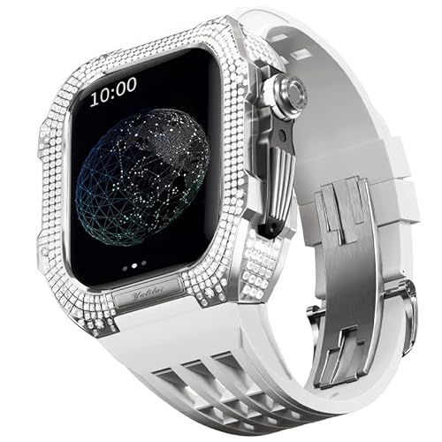 KANUZ Uhren-Modifikationsset, Luxus-Uhrenarmband-Set für Apple Watch 6, 5, 4 SE, 44 mm, luxuriöses Fluorkautschuk-Armband, Titangehäuse für iWatch 6/5/4/SE, 44 mm, Serie, Upgrade-Modifikation (Farbe: