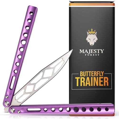 MAJESTY FOREST® Profi Butterfly Trainer (Lila) - Made with CNC aus Aluminium - Legales Balisong Messer mit Stumper Klinge als Trainingsmesser - Inkl. Zubehör