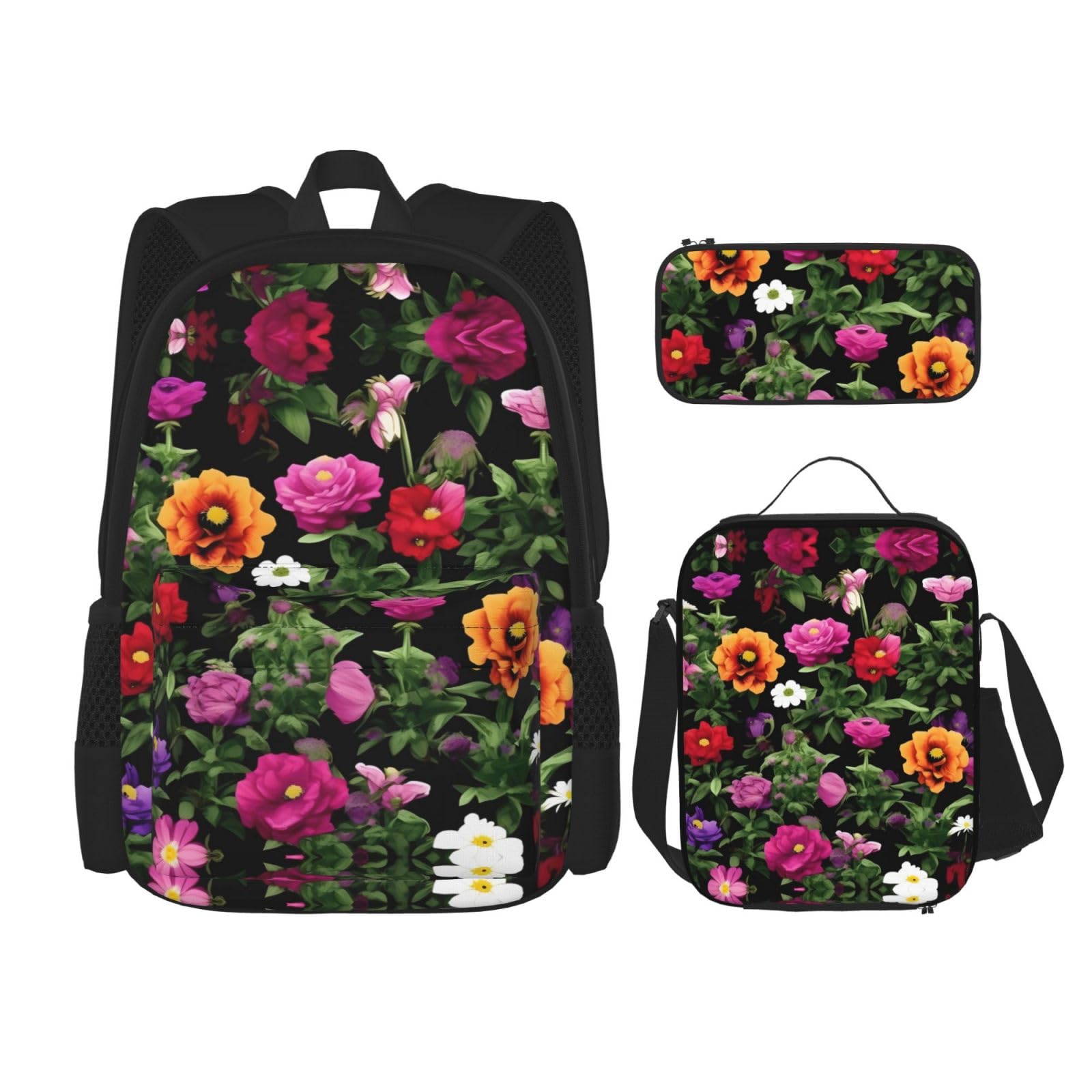 WURTON Thug Life Blumen Druck Reise Lunchbox Federmäppchen Rucksack Set 3 Stück Verstellbare Träger Leicht