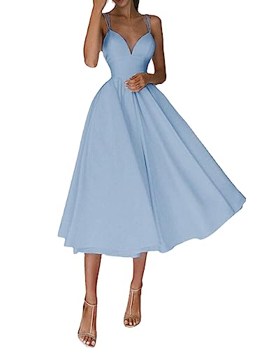 WINDEHAO Elegantes Kleid mit V-Ausschnitt,Damen V-Ausschnitt Spaghetti-Träger Rückenfrei Cocktail Party Kleid Formal Brautjungfer Sonnenkleid (Sky Blue,XL)