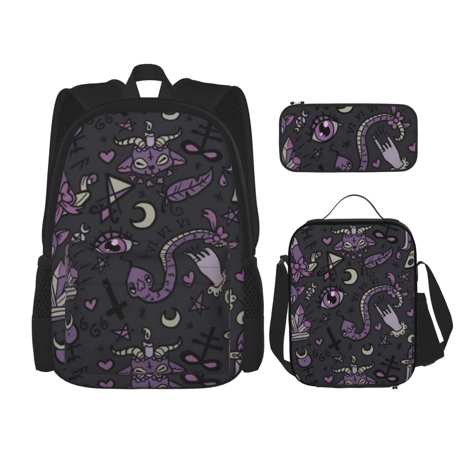 DENMER Gruselige Mehrzweck-Schultasche mit passendem Federmäppchen und Lunchtasche, Violett / Schwarz