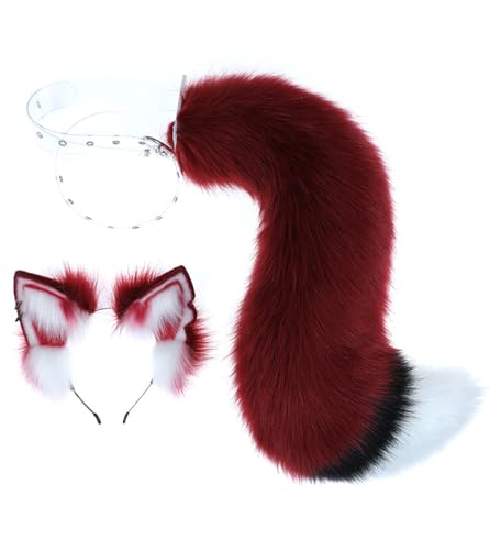 トクとユウ Niedlicher Fuchs Wolf Schwanz Ohr Set Weiß Rot Schwarz Plüsch Ohr Schwanz Halloween Party Kostüm Requisiten Cosplay Tier Zubehör (Ohr + Schwanz)