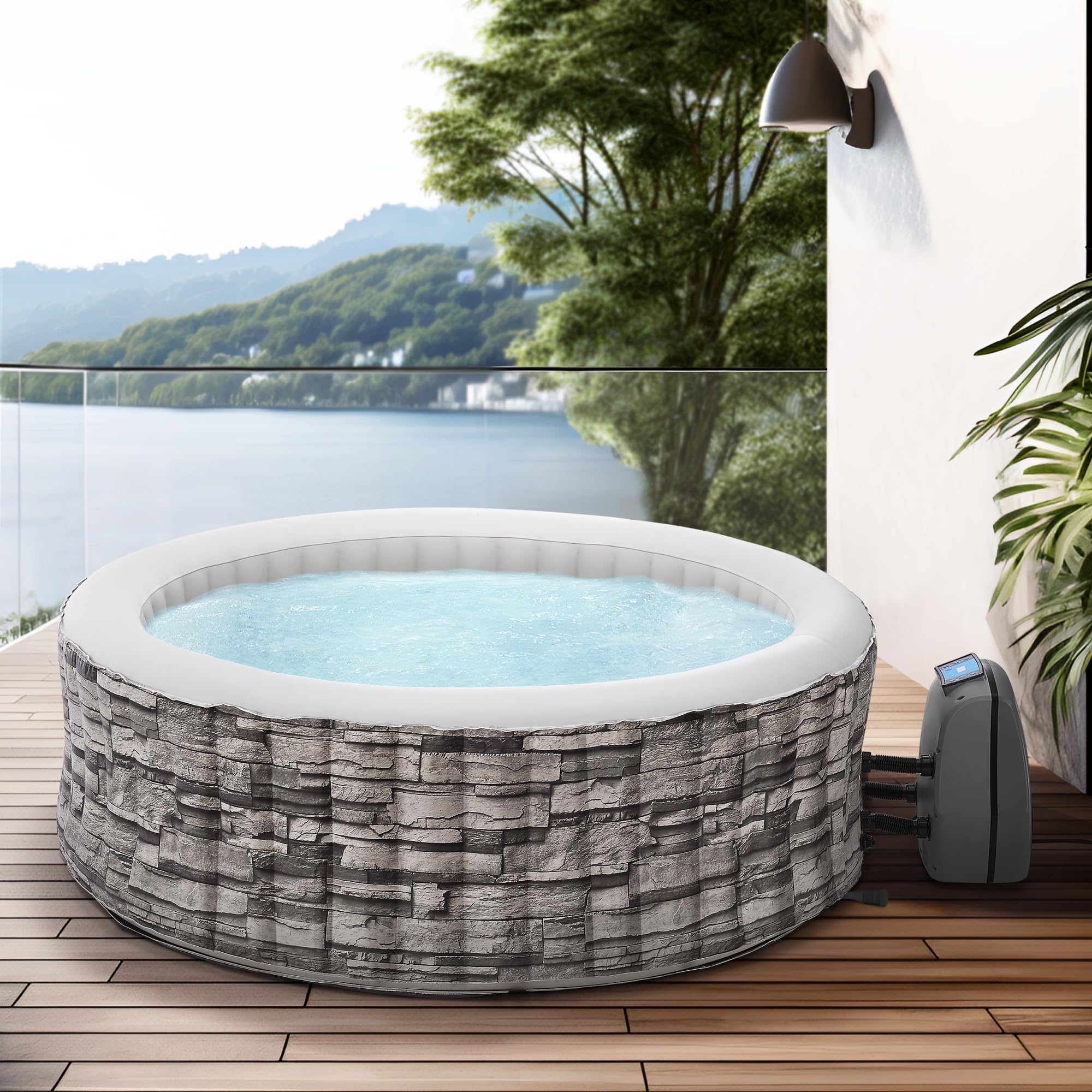 pro.tec Whirlpool aufblasbar Carosino für 6 Personen Outdoor Spa Massagebad 140 Massagedüsen Pool mit Pumpe und Filter 204 x 70 cm beheizt Gartenpool rund Steinoptik