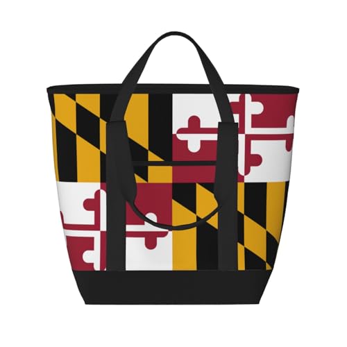 YQxwJL Isolierte Kühltasche mit Maryland-Staatsflagge, großes Fassungsvermögen, Einkaufstasche, Reisetasche, Strand, wiederverwendbare Einkaufstasche für Erwachsene, Schwarz, Einheitsgröße