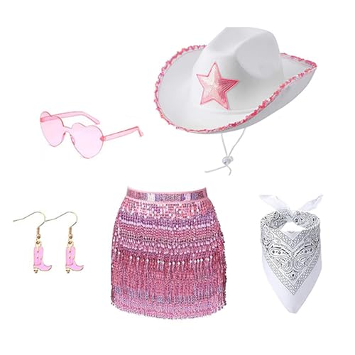 80er Jahre Damen Kostüm Set Lady Accessoires Bandana Ohrring Sonnenbrille Western Cowgirl Hut Erwachsene Halloween Fasching Kostüm