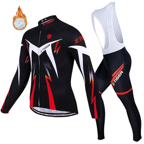 X-TIGER Herren Langarm Radtrikot Set Winter Radsportanzüge mit 5D Gel Gepolsterten Trägerhosen