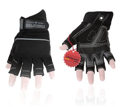 Stagecaptain RGL-0F Rigger Handschuhe 5x Set - Arbeitshandschuhe für Herren - Größe L - kurze Finger und Innenfläche aus Kunstleder - Aufgesetzte Verstärkungen - Schwarz/Grau