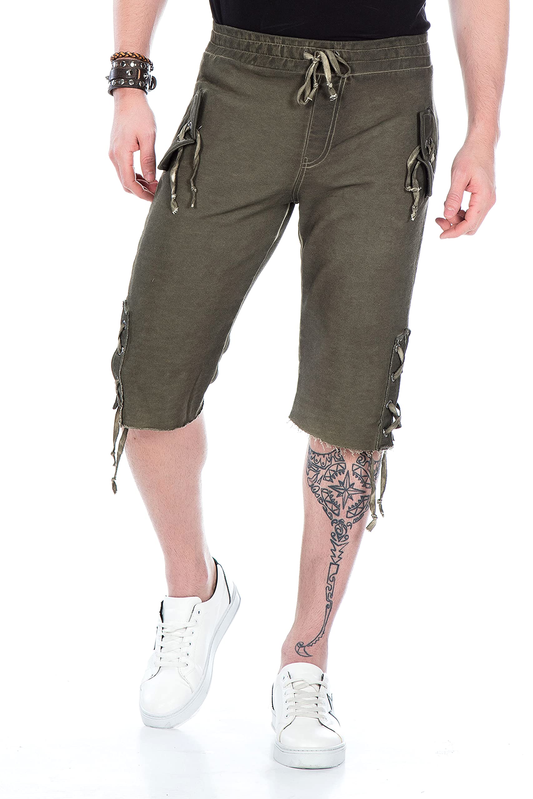 Cipo & Baxx Herren Shorts Kurze Hose Jeans Denim Sweatshorts Trachten-Look Capri Bermuda CK168 Khaki M