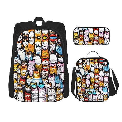 WURTON Viele Cartoon-Katzen Druck Lunchbox Federmäppchen Rucksack Set 3 Stück Verstellbare Träger Langlebig Leicht, Schwarz, One Size