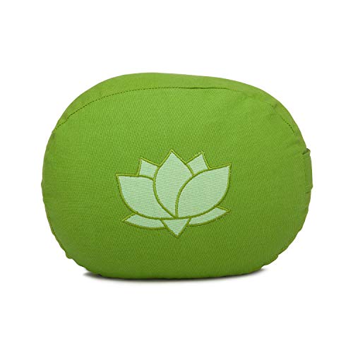 Bodhi Meditationskissen OVAL mit Lotus Stickerei | aus Bio-Baumwolle grau mit Lotus (olivgrün)