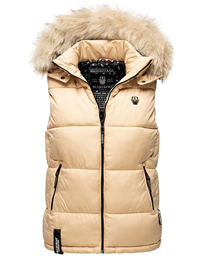 MARIKOO Damen Winter Weste Steppweste mit Kapuze und Fellkragen B896 [B896-Eisflöckchen-Beige-Gr.S]