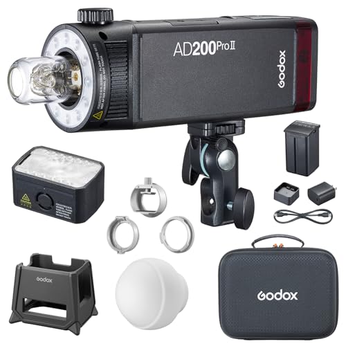 Godox AD200ProII 200W Speedlite, 2,4 G kabelloses TTL-Auto- Blitzlicht, 1/8000 s HSS, 0,01–1,8 s Wiederaufladungszeit, mit Bi-Color Einstelllicht, Diffuser Dome und Blitzhalter Schützender