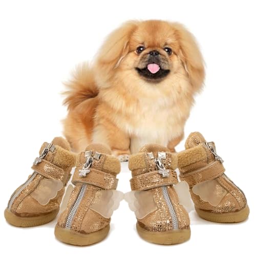 4 x Winterstiefel für Welpen, Pfotenschutz, dicker Reißverschluss, dekorativ, verstellbar: Hundeschuhe, Glitzer, klein, rutschfest, 4 Stück