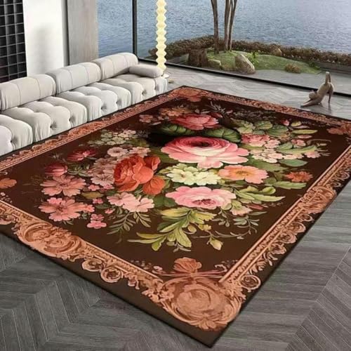 Große Teppiche für das Wohnzimmer, Wohnzimmerteppich mit braun-rosa Blumen, maschinenwaschbare Fußmatten, moderner Badezimmerteppich, weicher rutschfester Flächenteppich, Heimdeko-Teppich, weicher Ku