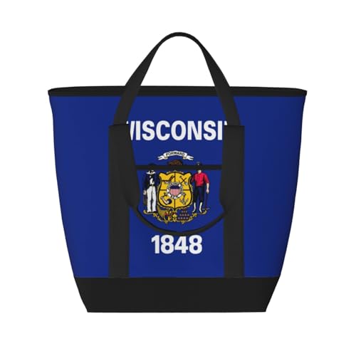 YQxwJL Wisconsin isolierte Kühltasche mit Staatsflaggen-Druck, großes Fassungsvermögen, Einkaufstasche, Reisetasche, Strand, wiederverwendbare Einkaufstasche für Erwachsene, Schwarz, Einheitsgröße