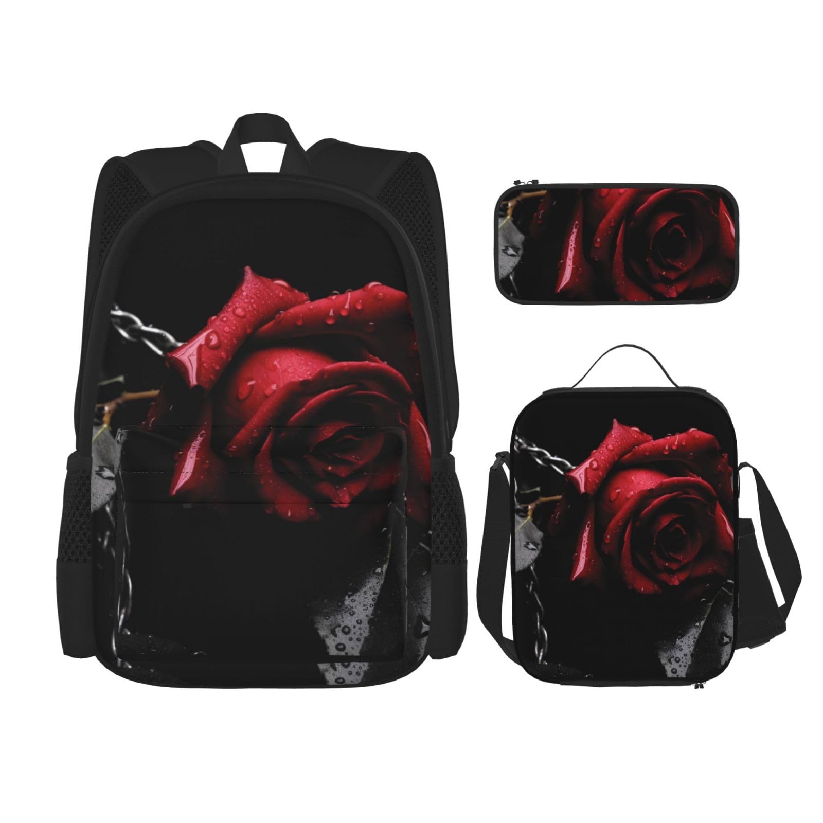 DENMER Mehrzweck-Schultasche mit japanischer Malerei, Pilz, mit passendem Federmäppchen und Lunch-Tasche, Ihre stilvolle All-in-One-Lösung, Gothic Black Roses, Einheitsgröße