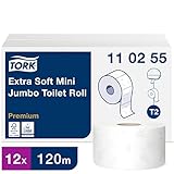 Tork 110255 extra weiches Mini Jumbo Toilettenpapier in Premium Qualität für das Tork T2 Mini Jumbo Toilettenpapiersystem / Toilettenpapier 3-lagig in Weiß, 12 x 600 Blatt