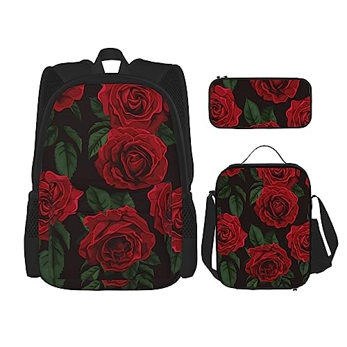 Mehrzweck-Schultasche mit niedlichem buntem Hundepfoten-Design, mit passendem Federmäppchen und Lunch-Tasche, stilvolle All-in-One-Lösung, rote rose, Einheitsgröße