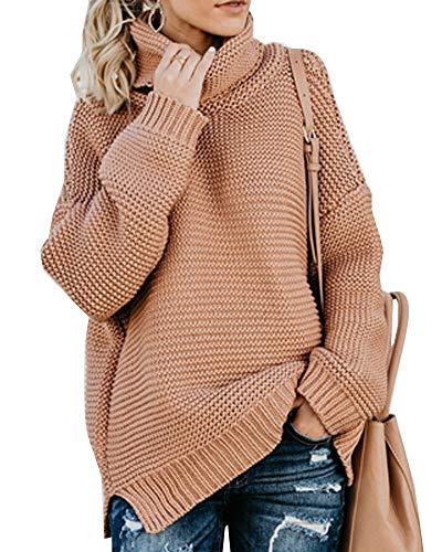 ShallGood Damen Pullover Damen Langarm Hülsen Rollkragen Hülsen Knit Unterseiten Hemd Pullover Strickpullover Tops Rosa DE 46