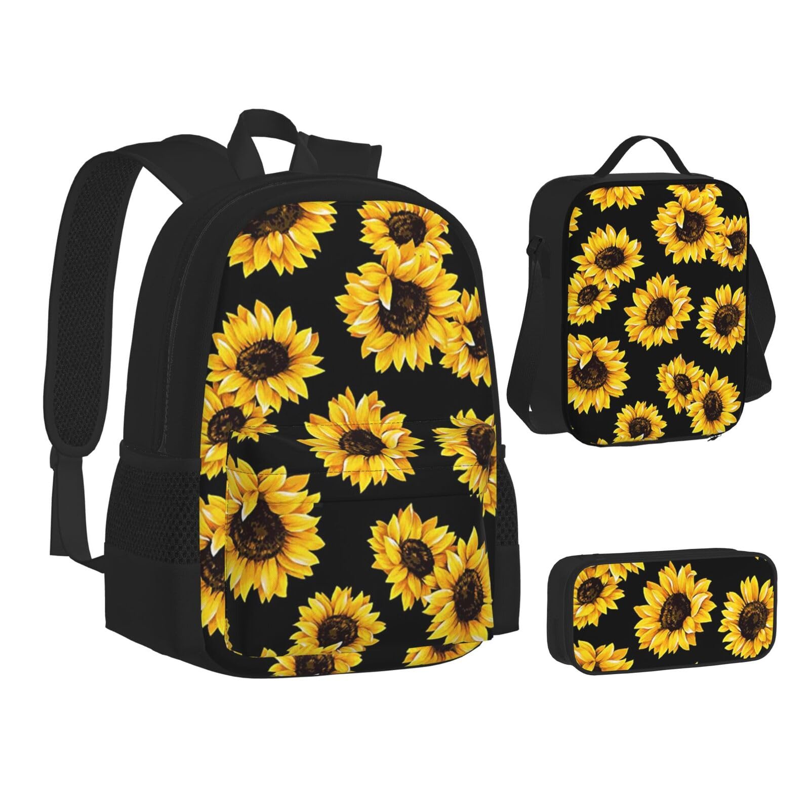 WURTON Lunchbox-Set mit Sonnenblumen-Aufdruck, 3-in-1-Büchertasche und Federmäppchen, passende Kombination, Schwarz, Einheitsgröße