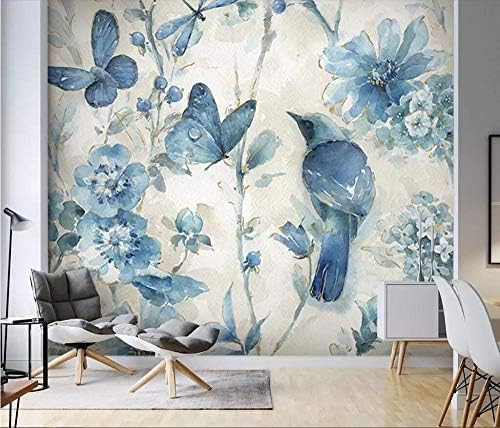 XLMING Blaue Blume Vogel Blume Zweig Garten Küche Esszimmer Arbeitszimmer Wohnzimmer TV Hintergrund Wand 3D Tapete-250cm×170cm