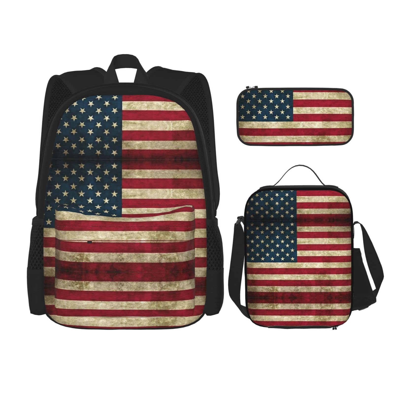 WURTON Rucksack mit amerikanischer Flagge, für Mädchen, Jungen, Schultaschen, Teenager, Lunchbox und Federmäppchen, 3-in-1-Büchertaschen-Set