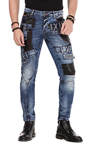 Cipo & Baxx Herren Denim Jeans Hose Ausgefallen Dicke Naht Used Look Kunstleder-Applikationen Slim Fit Jeans Hose Blau W33 L 32