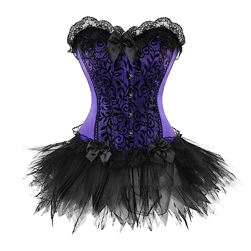 Rock Damen Set Steampunk Gothic Rock und Korsett Zweiteiliges Vintage Mittelalter Viktorianisch Renaissance Spitzen Tutu Rock Corset 2PCs Halloween Karneval Kostüm Palast Gotischer Punk Party Outfit