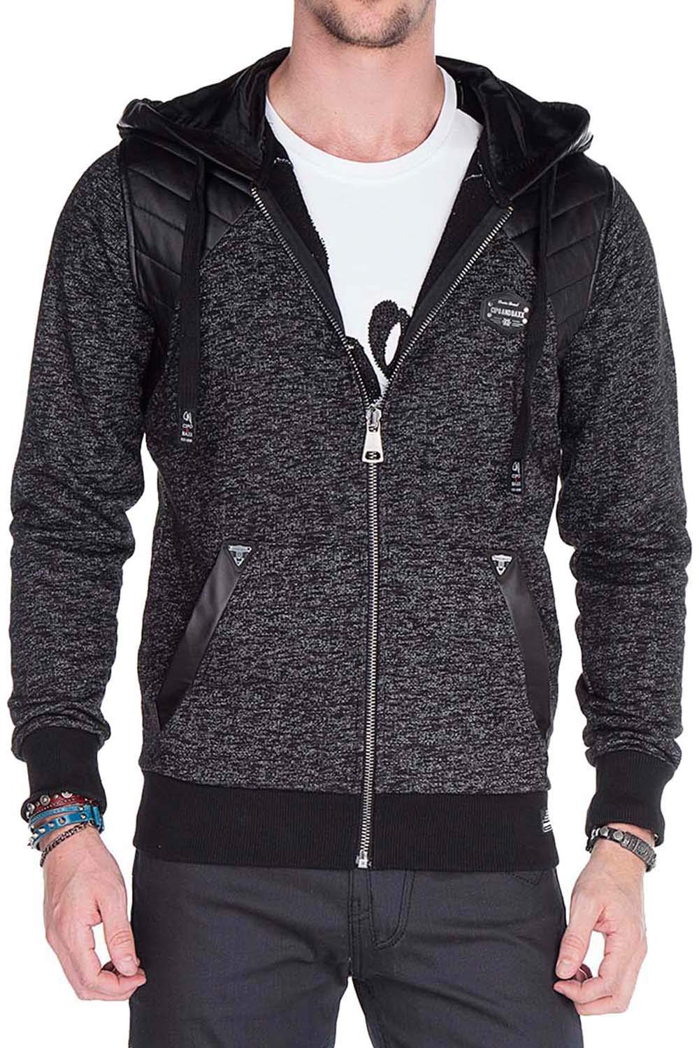 Cipo & Baxx Herren Sweatjacke Cardigan Sweater Basic Kapuzen Pullover Dicke Kordel Schwarz L