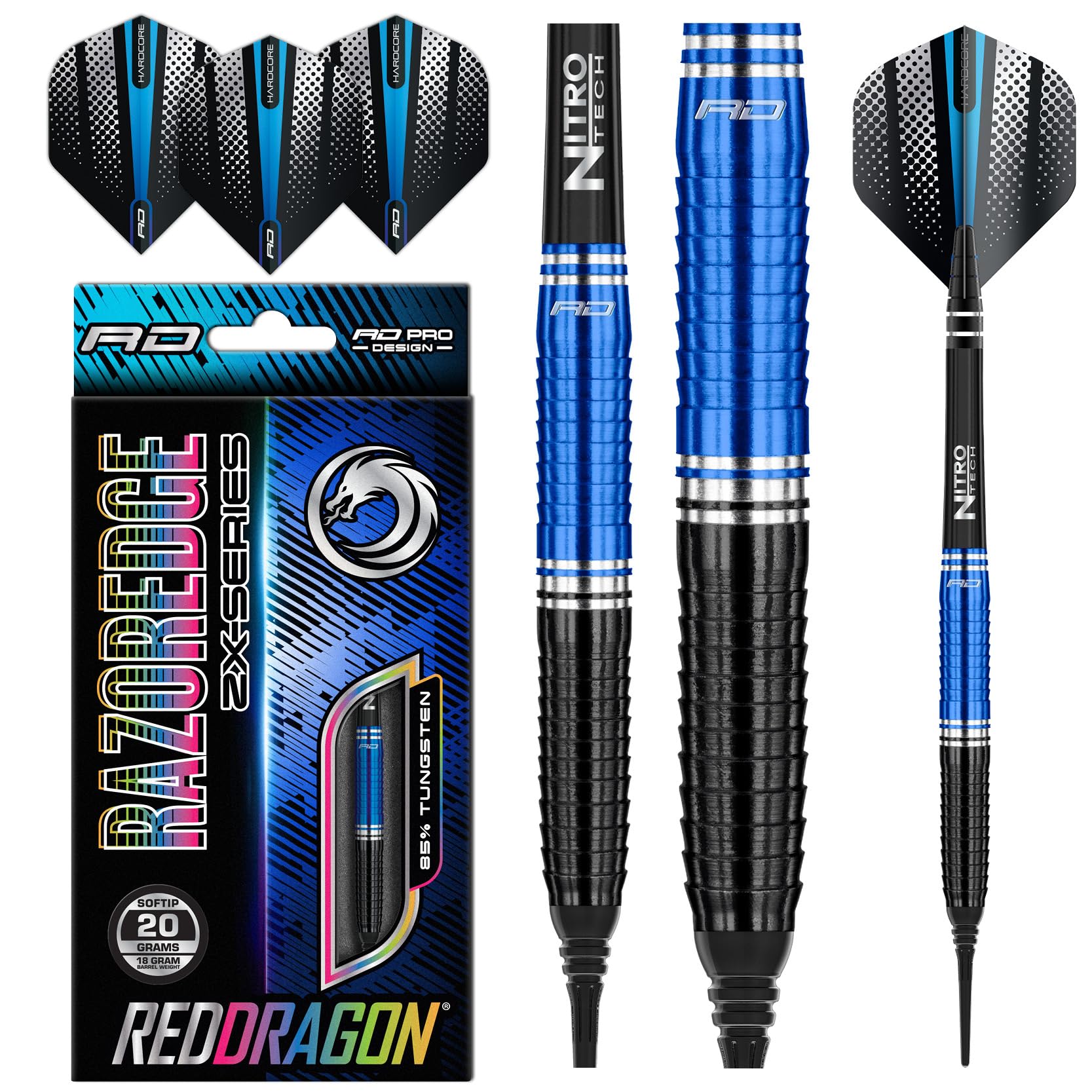 RED DRAGON Razor Edge ZX-3-20 gram Tungsten Softip Professional Darts Set with Flights and Nitrotech Shafts (Stems)