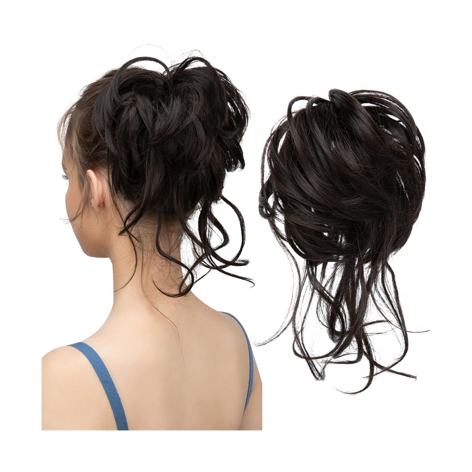 Haarteil Synthetischer unordentlicher Dutt, elastische Haarteile, lockiges Haargummi, Schwarzbraun, tägliches Chignon-Band, Hochsteckfrisur, Donut, natürliches Kunsthaar for Frauen Haarverlängerung(4)