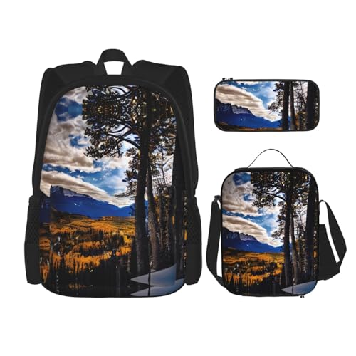 WURTON Rocky Mountain Range Print Reise Lunchbox Federmäppchen Rucksack Set 3 Stück Verstellbare Träger Leicht, Schwarz, Einheitsgröße