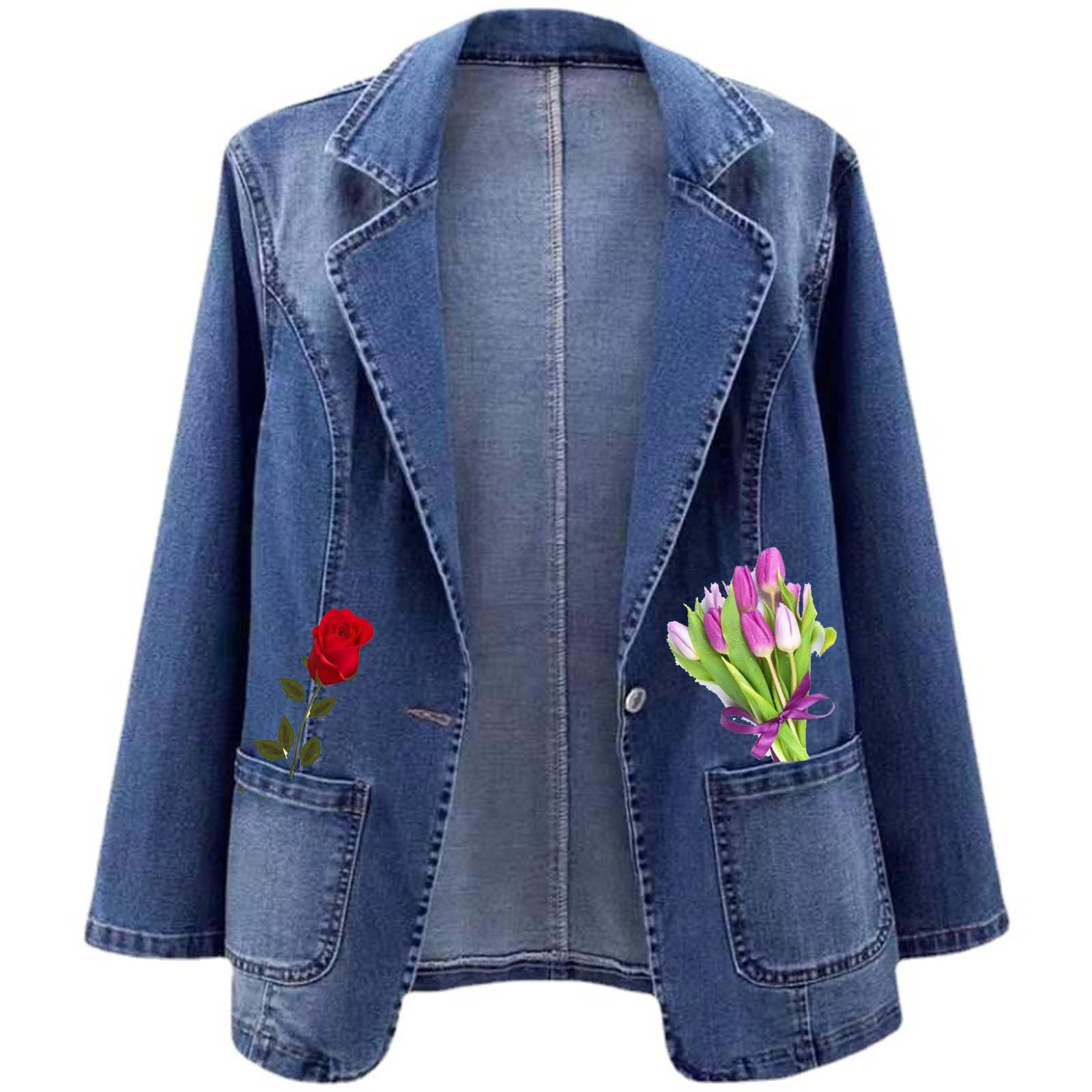 WINDEHAO Klassischer Denim-Blazer für Damen, Denim-Blazer-Jacke für Damen, Übergröße, lässig, Jeans, Mantel, Jacke, einreihig, blau, 3XL(60-65kg)