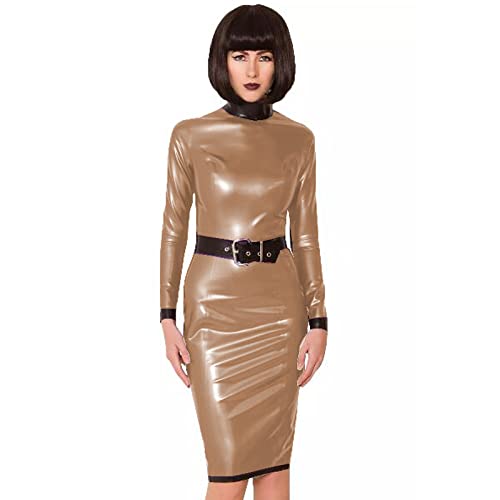 Figurbetontes Kleid für Damen, mit Gürtel, Rollkragen, schmal, über dem Knie, langärmelig, PVC-Kleid für Damen, Übergröße, Kleidung für Damen, Kastanienbraun, XXXL