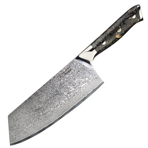 Tsume Chai Dao Hackbeil Messer Carbon Gold, Klingenlänge 18cm, Echtes Damast Küchenmesser mit Karbonfasern und Blattgold, 67 Schichten VG10 Edelstahlkern mit Kunstharz Handgriff, Rasiermesserscharf