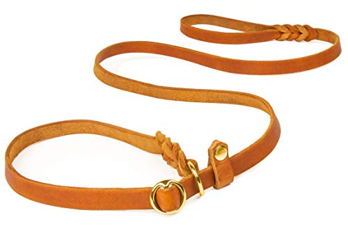 CopcoPet - Retrieverleine/Agilityleine aus Fettleder, Messing Gr. 1.60 m x 18 mm Cognac