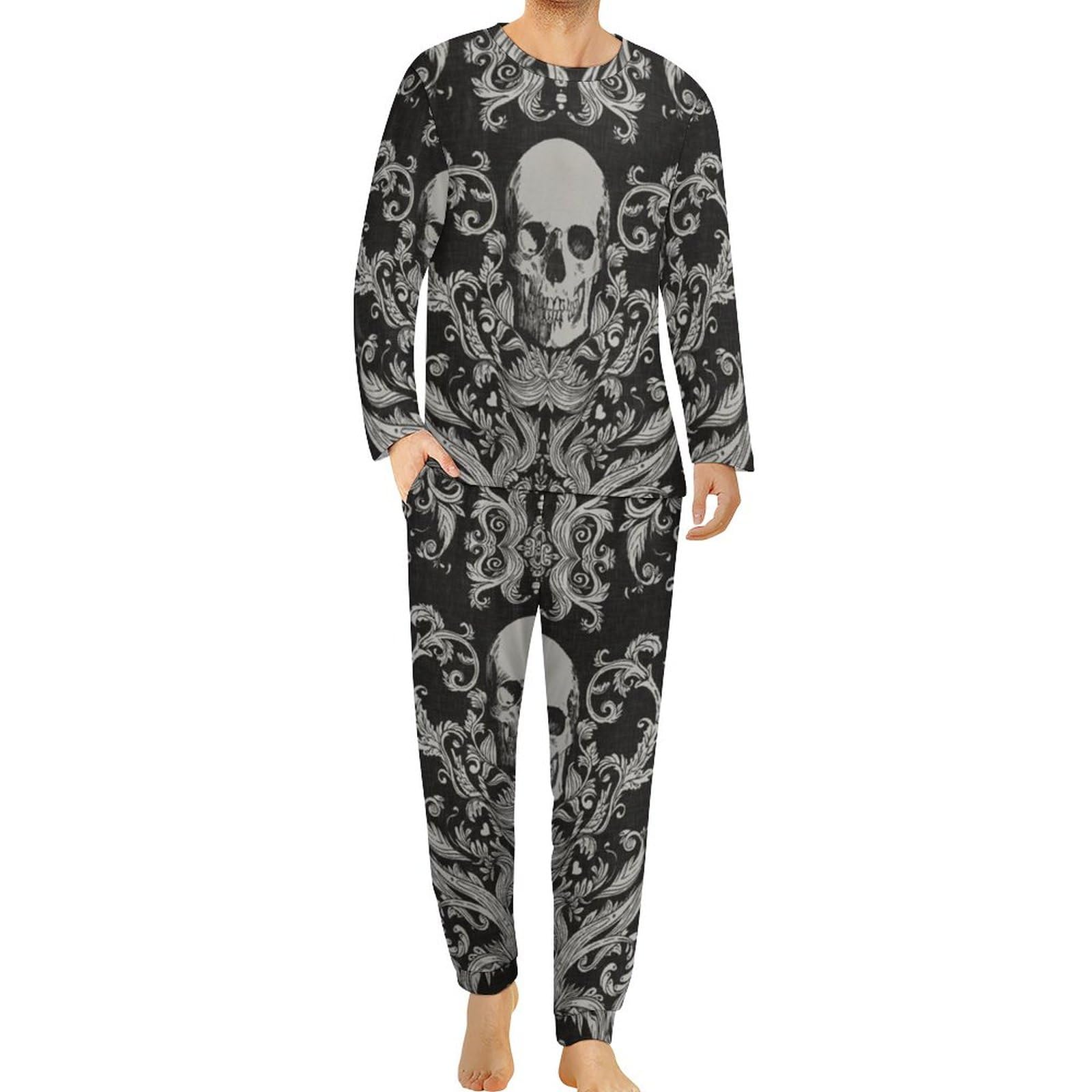 HABXNJF Herren Schlafanzug mit Rundhalsausschnitt, schwarzer Totenkopf-Pyjama für Männer, Herren-Pyjama mit Taschen, Schwarzer Totenkopf, M