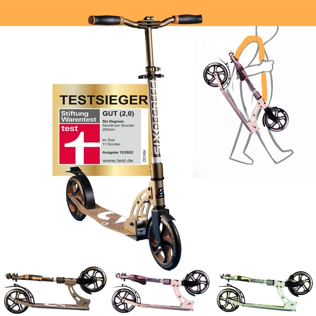 SIX DEGREES Aluminium Scooter mit Klappmechanismus u. Ständer, 205 mm, höhenverstellbarer Cityroller für Kinder und Erwachsene, Roller in golden Dusk, TESTSIEGER