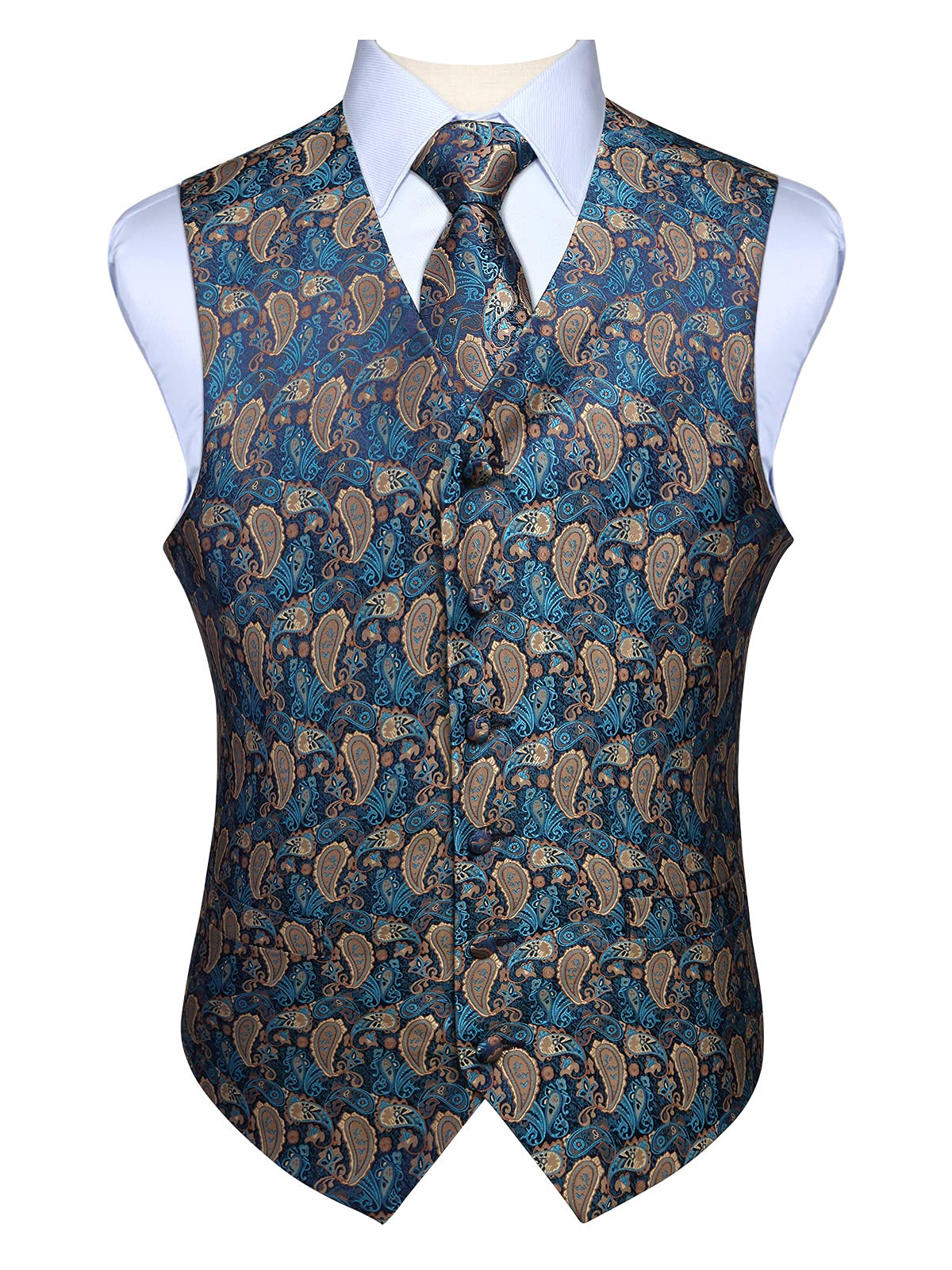 Enlision Herren Paisley Blumenhochzeit Jacquard Weste & Krawatte und Pocket Square Weste Anzug Set Aqua & Brown