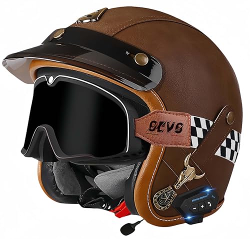 Bluetooth-Helme, Vintage-Motorradhelme, ECE/DOT-Geprüft, Offener Vintage-Helm Für Männer Und Frauen Mit Schutzbrille, Offener Gesichts-Mopedhelm, Verstellbar E,L57-60CM