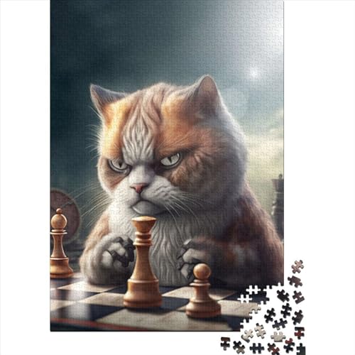 Schwierige, anspruchsvolle Puzzles, 500 Teile, lustige Katze spielt Schach, Holzpuzzles für Teenager, Geschenke, Holzpuzzles für Erwachsene, Teenager (Größe: 52 x 38 cm)